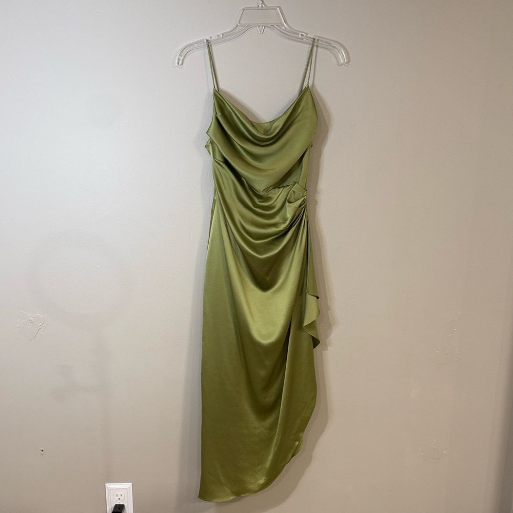 Kay Unger vintage Asymmetrical Olive green Dress with ruched waist and tiny slit - Picture 1 of 9